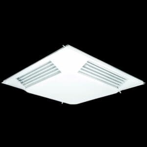 White ceiling air vent with adjustable slats on black background.