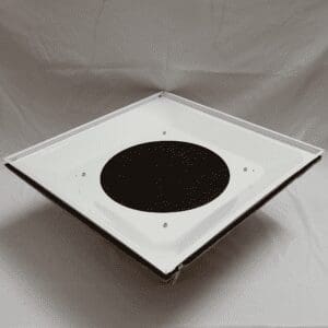The Universal Start Collar Back Pan is a square white panel with a central black circle and four small white protrusions at the corners, set against a plain background.