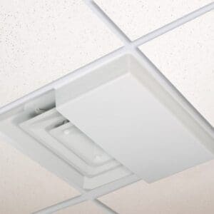 Close-up of a ceiling air vent with a white cover panel.