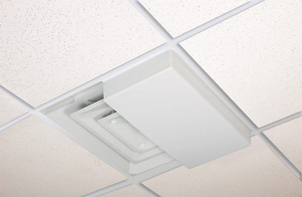 Close-up of a ceiling air vent with a white cover panel.