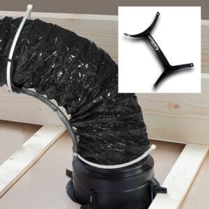 FlexRight Flexible Duct Elbow Supports connect black flexible ducting to a round outlet on a wooden frame, with an insert showing the plastic support bracket.