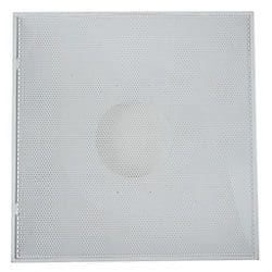 Metal diffuser with a perforated design in the center.