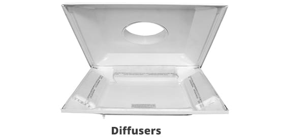 Transparent plastic diffuser with a hinged lid, used for light dispersion.
